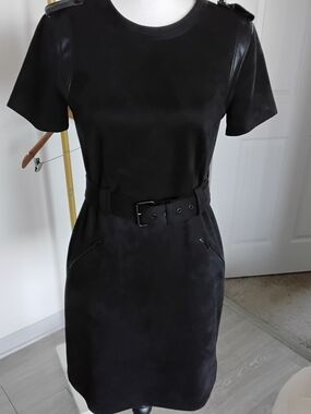 Calvin Klein Black Short-Sleeve Belted like Suede Sheath Dress